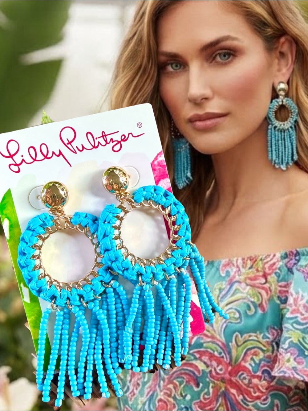 LILLY PULITZER NWT Earrings Turquoise Tassel Beaded Fringe ⭐️PIERCED POST✨NWT